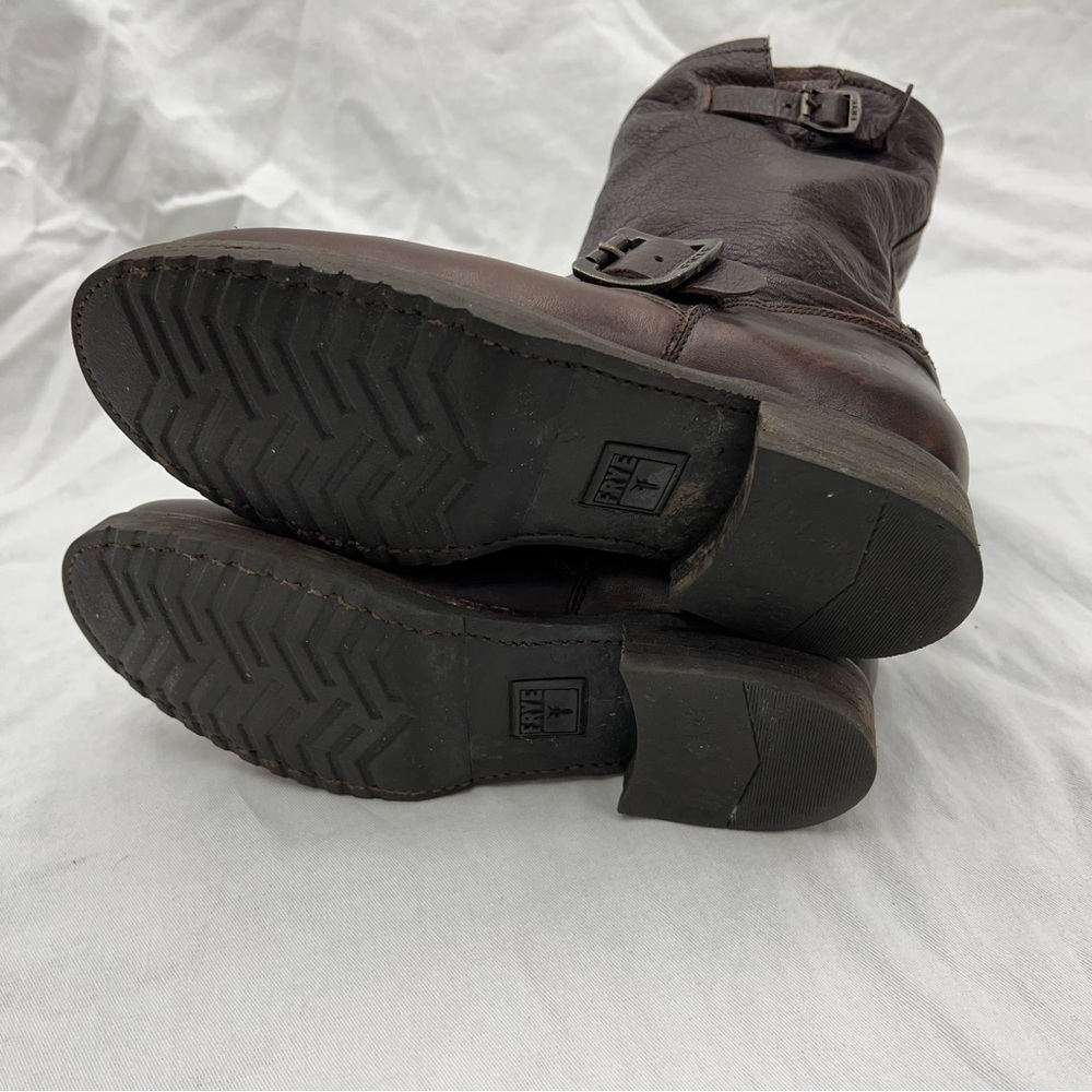 Frye harness buckle strap brown leather mid calf boots moto riding motorcycle 7B - Picture 6 of 16